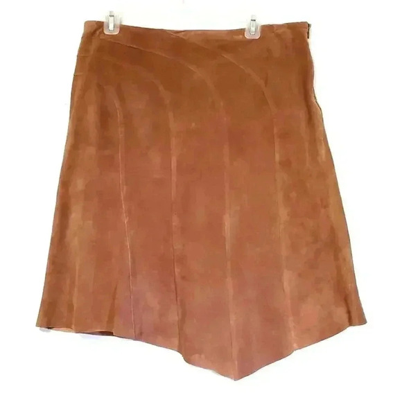 Suede‎ 100% leather asymmetrical skirt made by I.E size 14 side zip brown - Picture 1 of 5